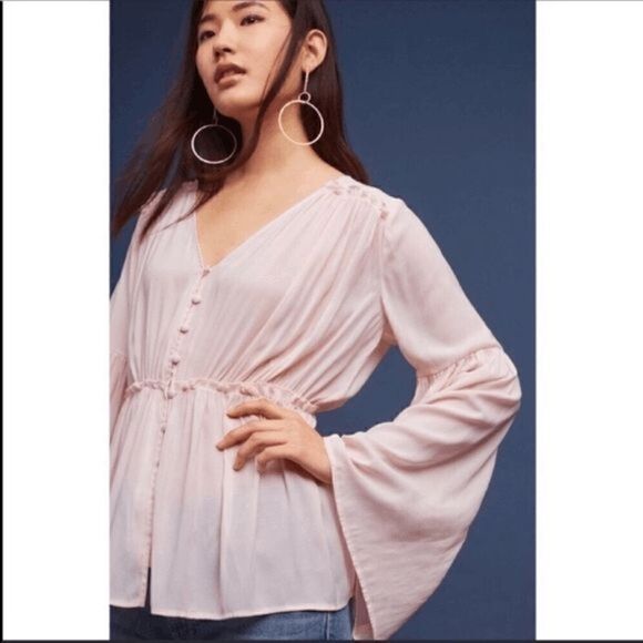 Anthropologie Ro+De Isa Ruffled Pink Button Bell Sleeve Blouse Size Small - Picture 1 of 8